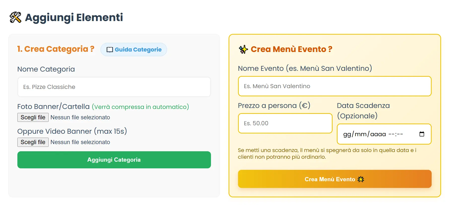 Schermata crea il tuo menu