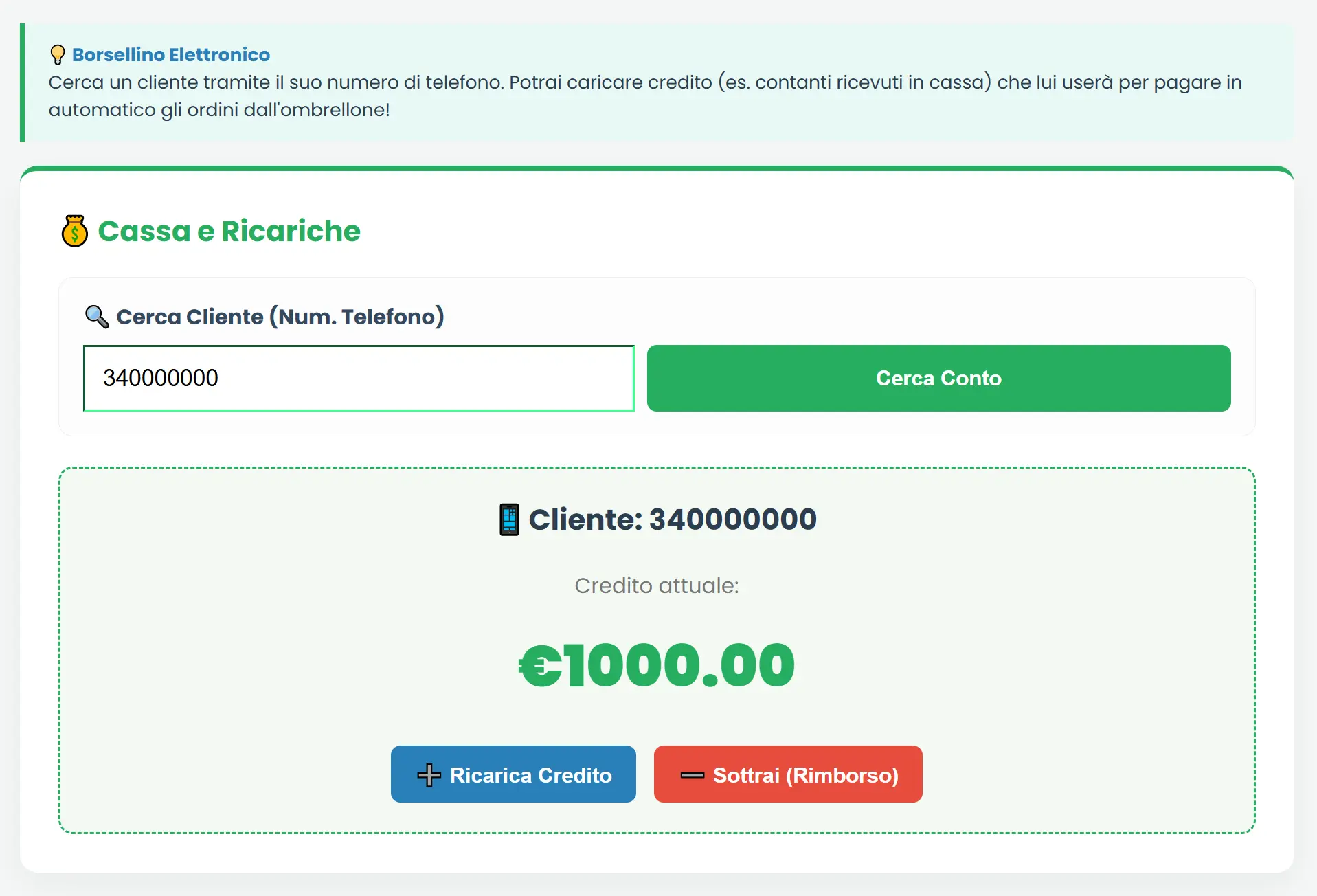 Schermata gestione Lido borsellino digitale elettronico