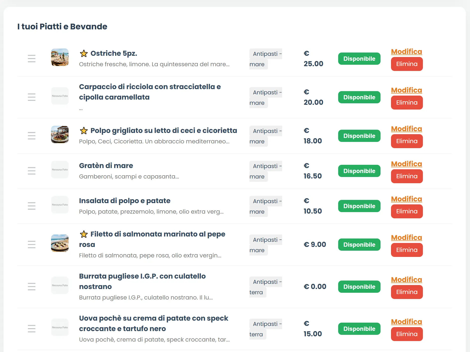 Schermata gestione Lido Listino prezzi