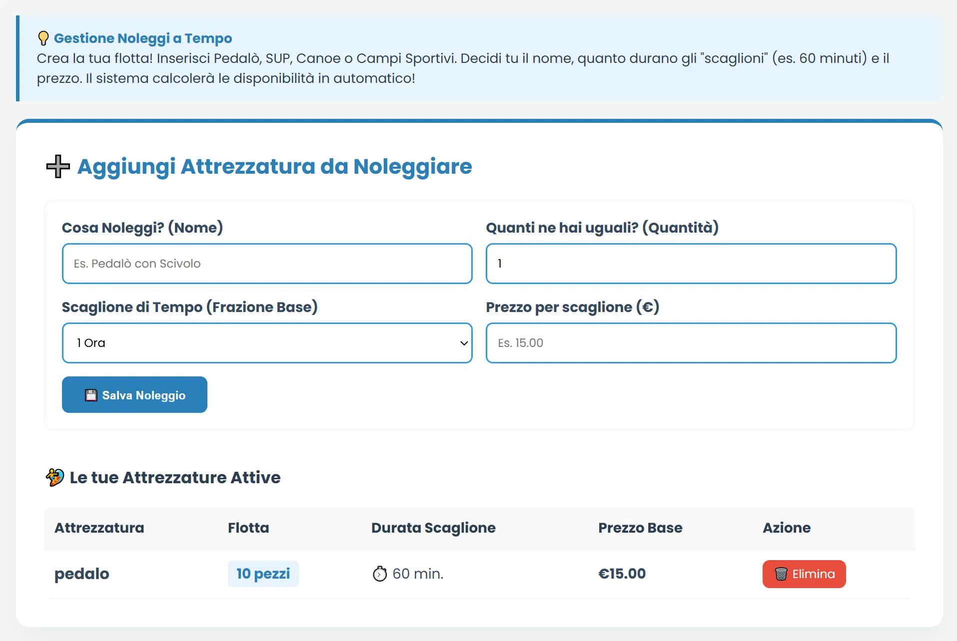 Schermata gestione noleggi