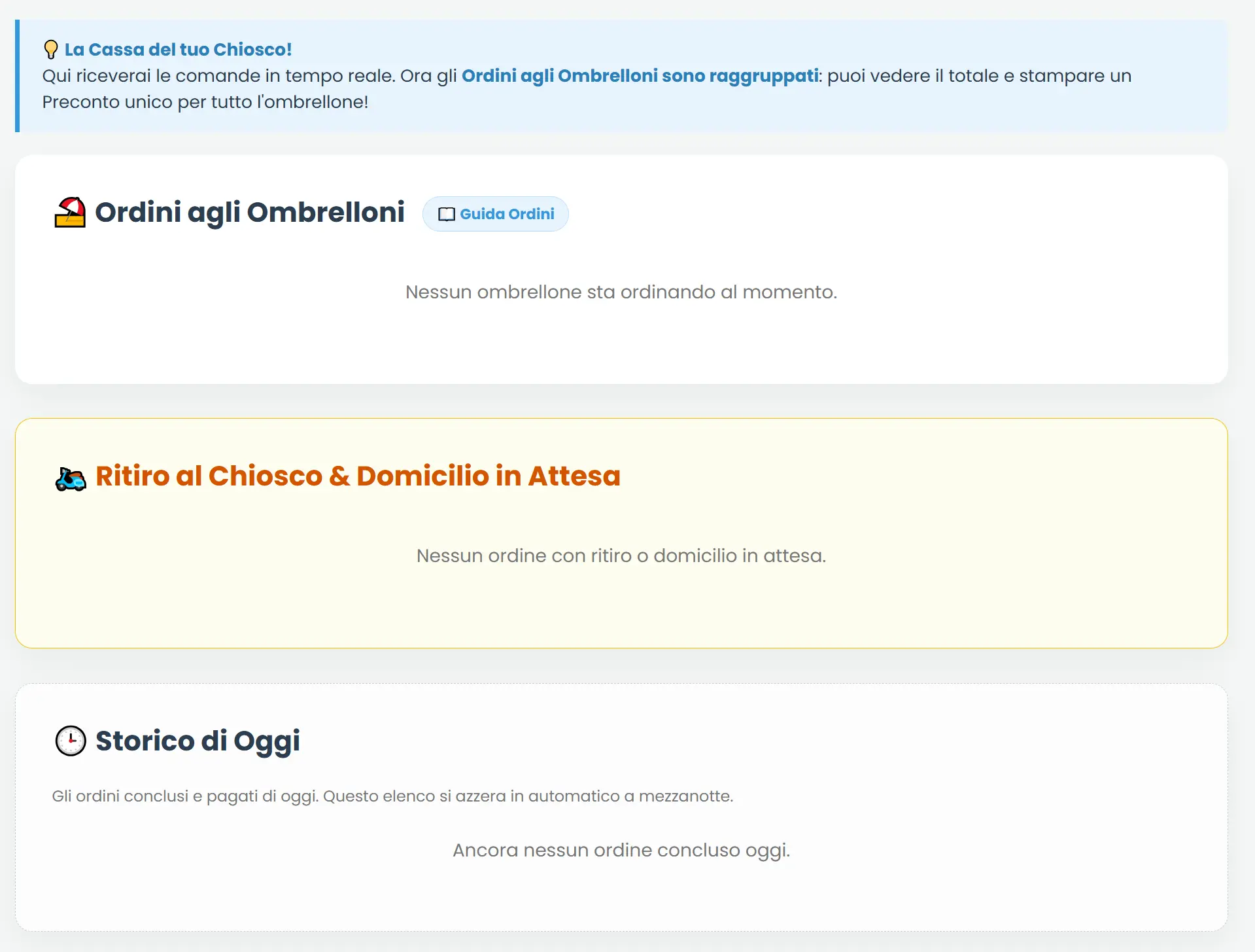 Schermata gestione Lido ordini menu e ombrelloni