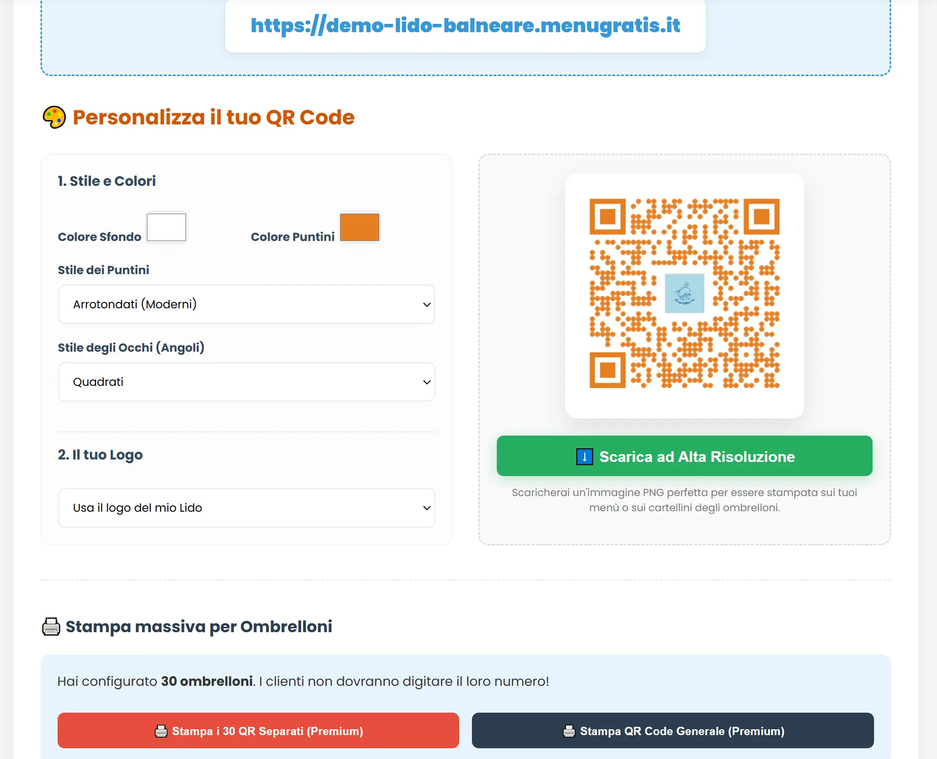 Schermata gestione Lido QR intelligenti