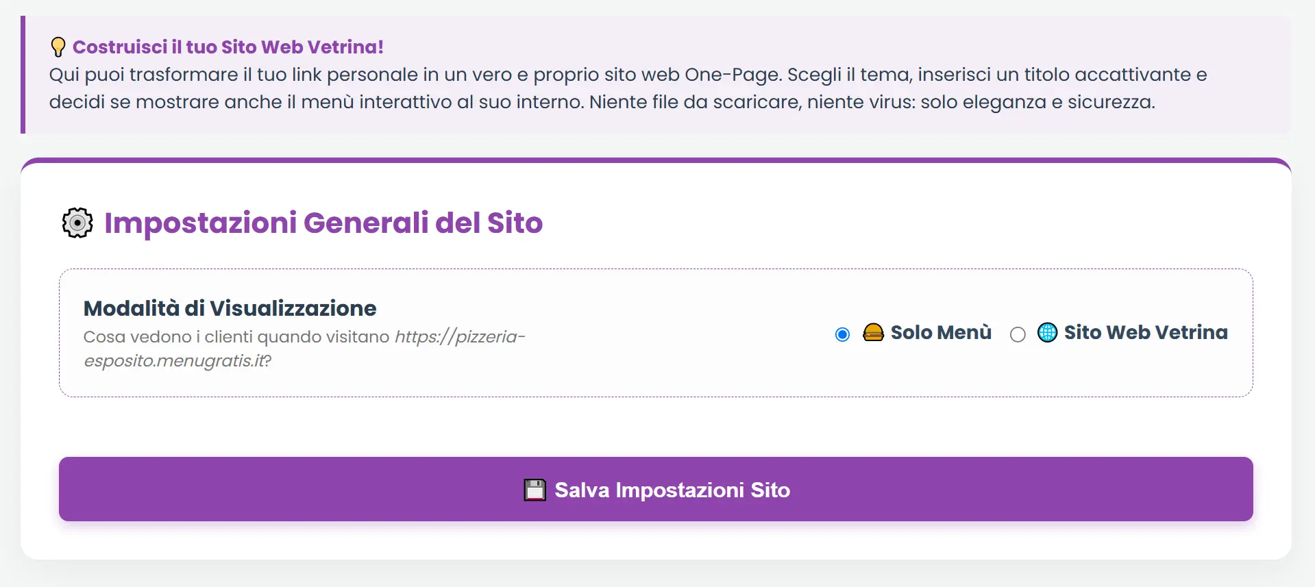Schermata Ristorazione crea il tuo sito One-Page