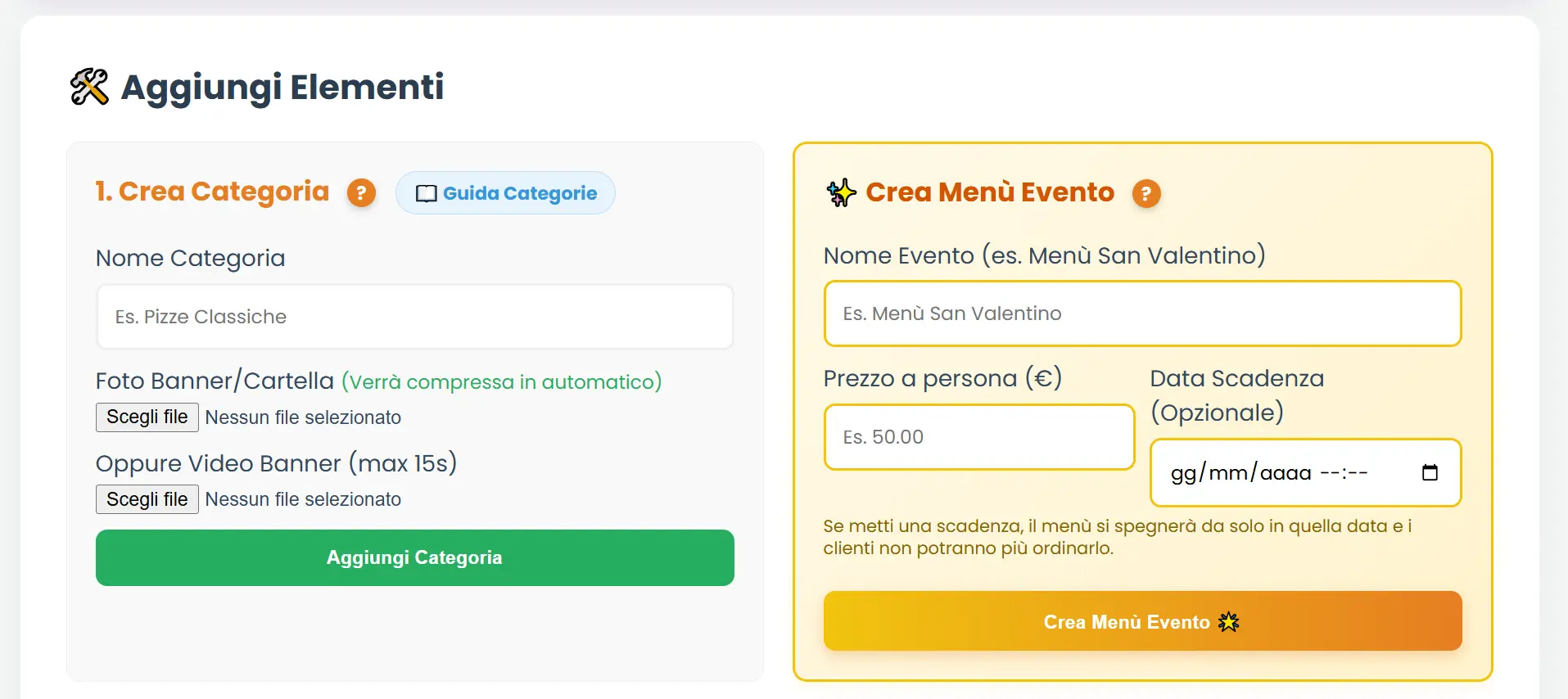 Schermata Ristorazione creazione manuale del menu