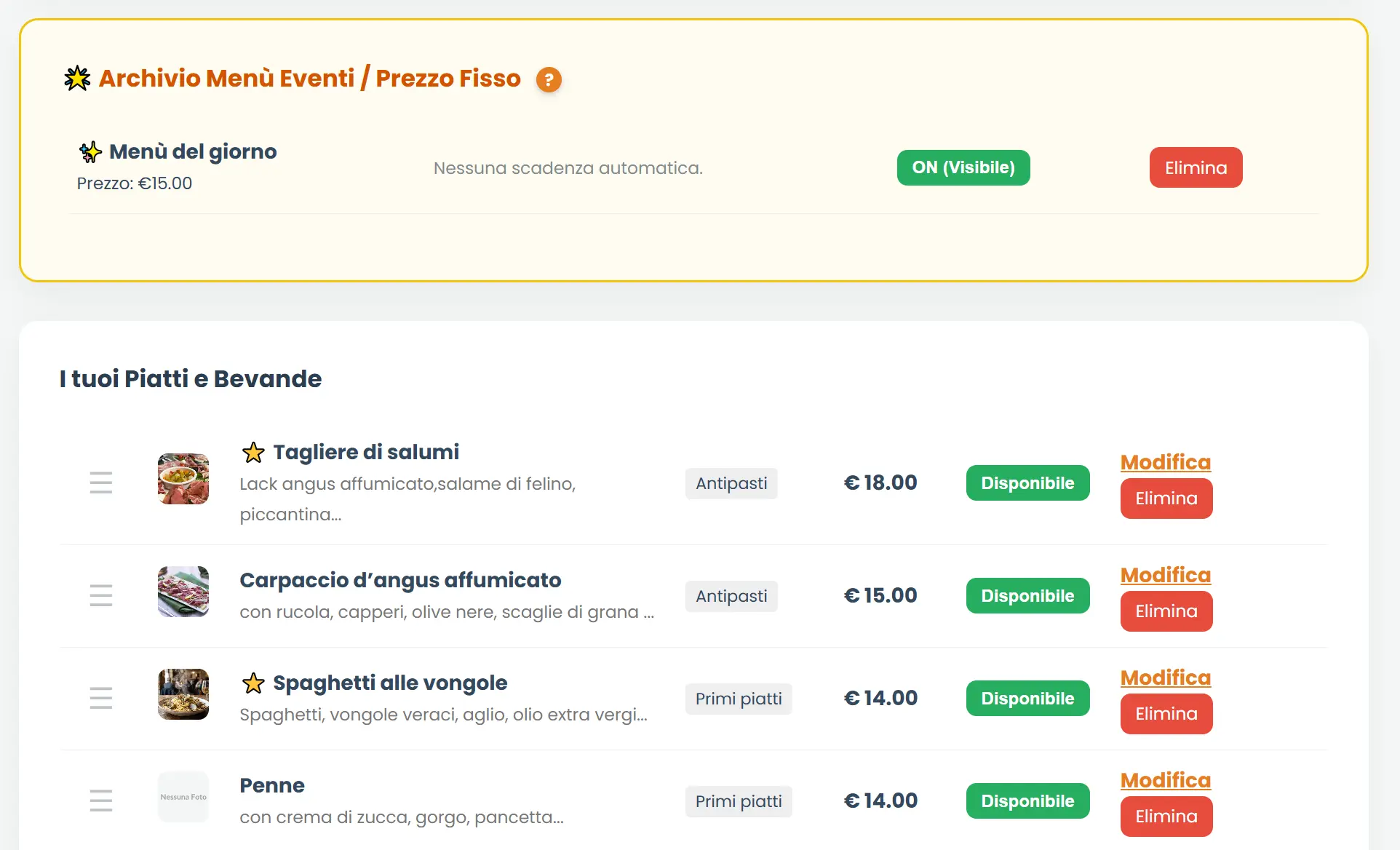 Schermata Ristorazione gestione menu