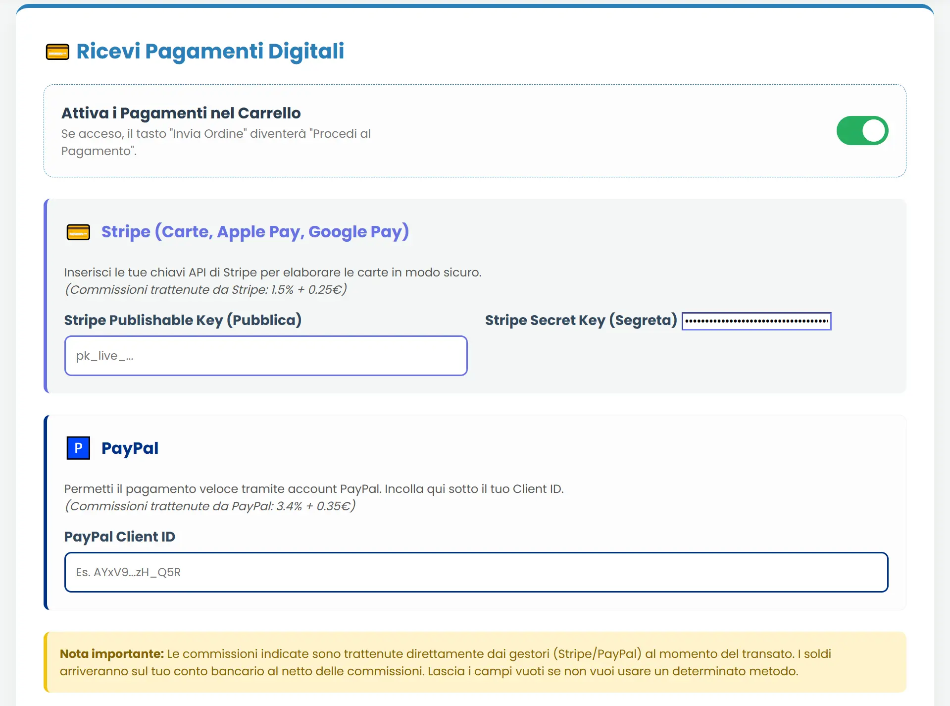 Schermata Ristorazione gestione pagamenti Stripe e Paypal