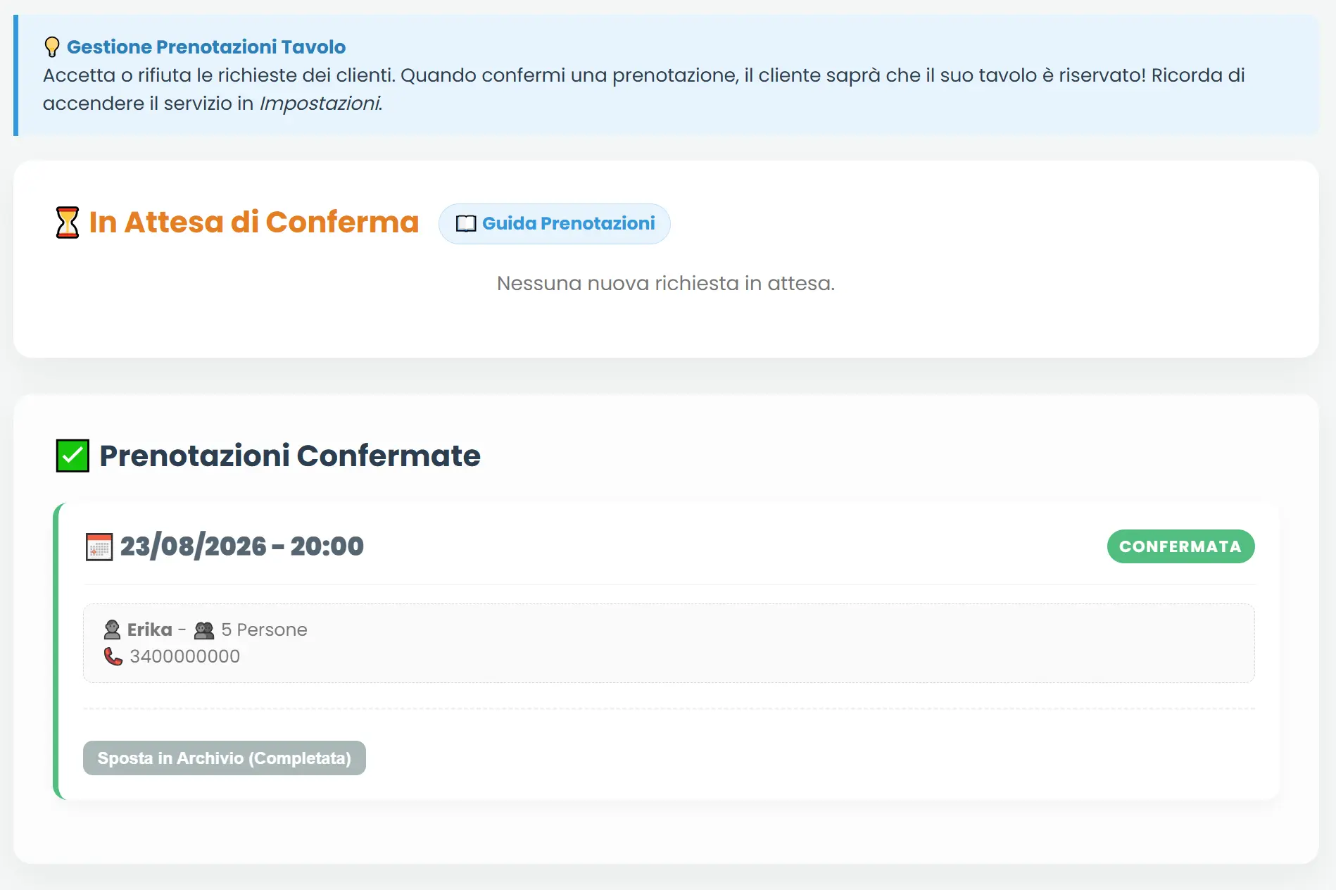 Schermata Ristorazione gestione prenotazioni
