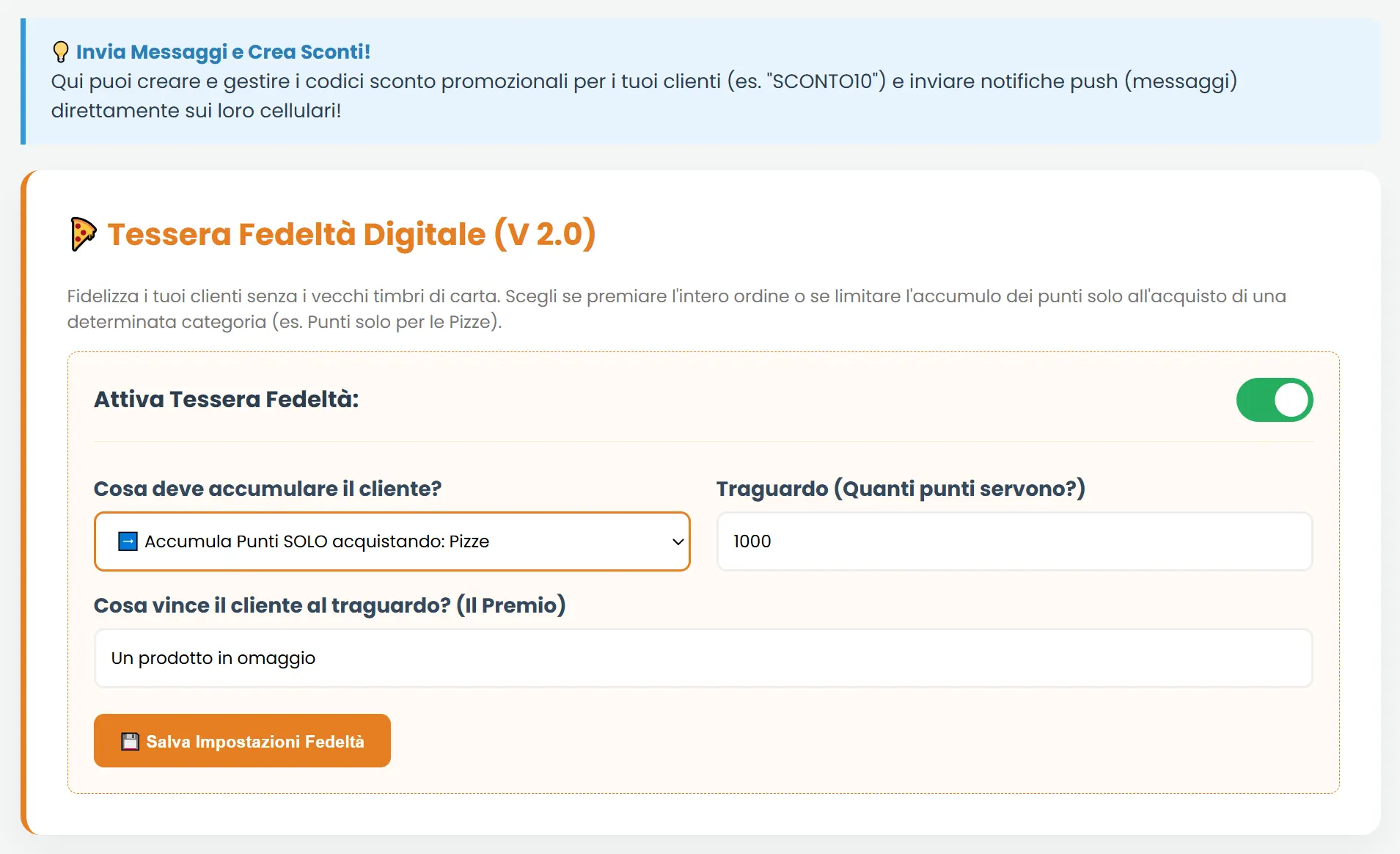 Schermata Ristorazione gestione Notifiche Push, Codici Sconto e Tessera Fedeltà Digitale