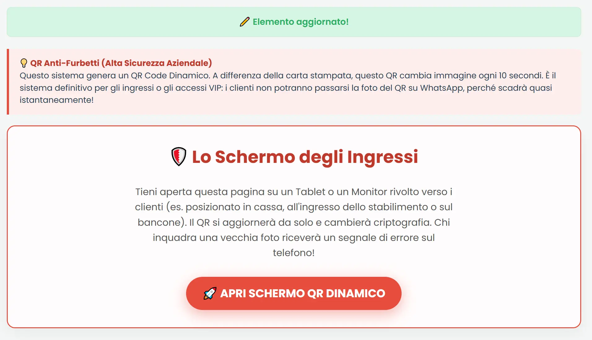 Schermata Ristorazione ingresso QR di sicurezza dinamico