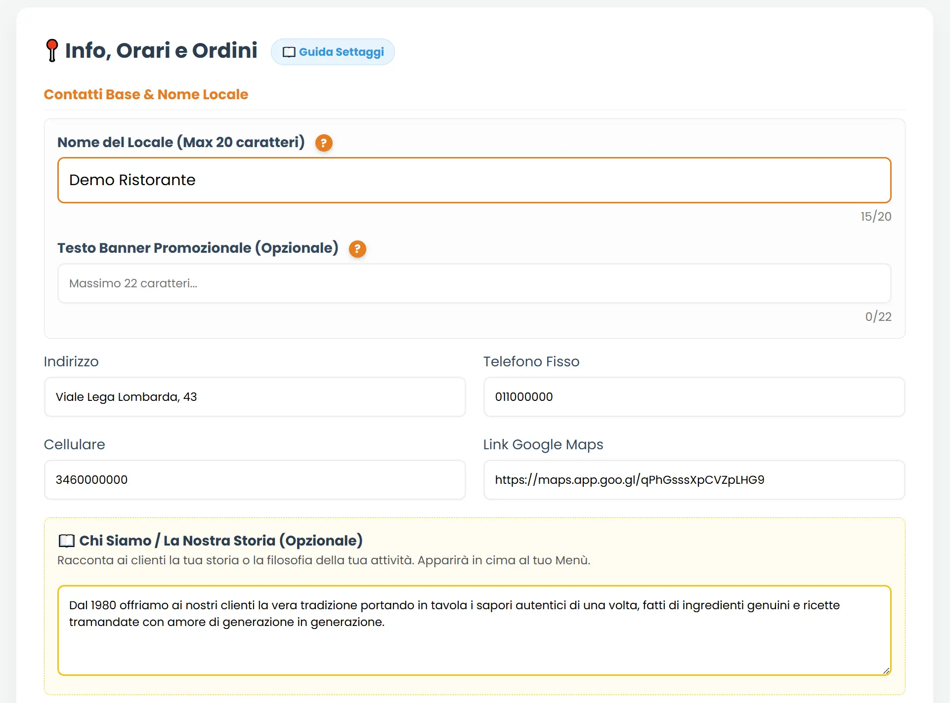 Schermata Ristorazione gestione setup e info attività