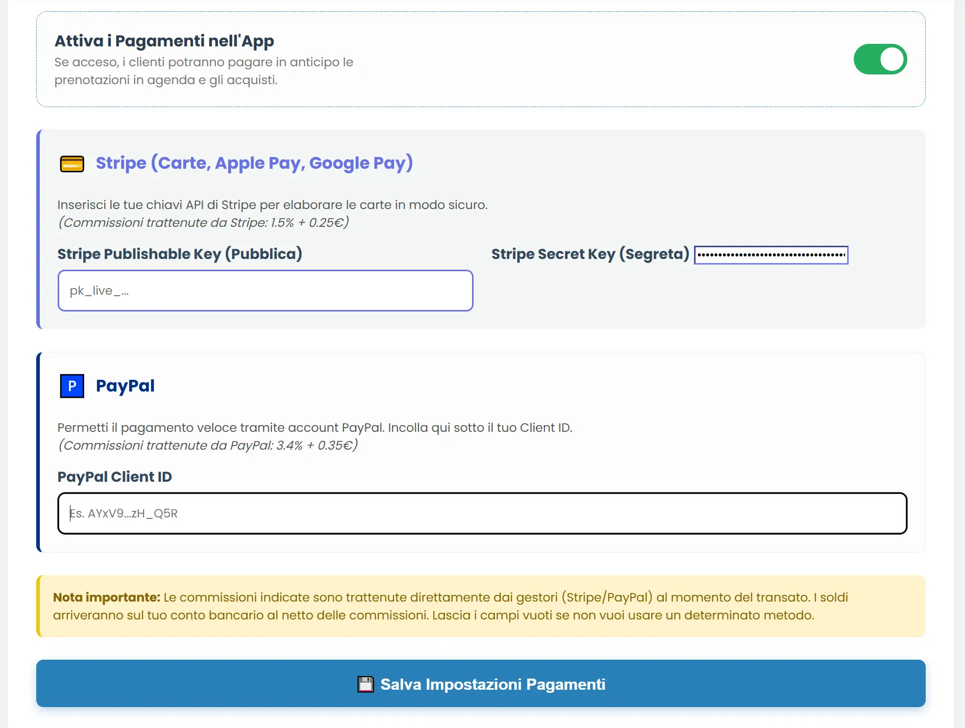 Gestione vetrina. Inserisci qui le tue chiavi Stripe o Paypal 