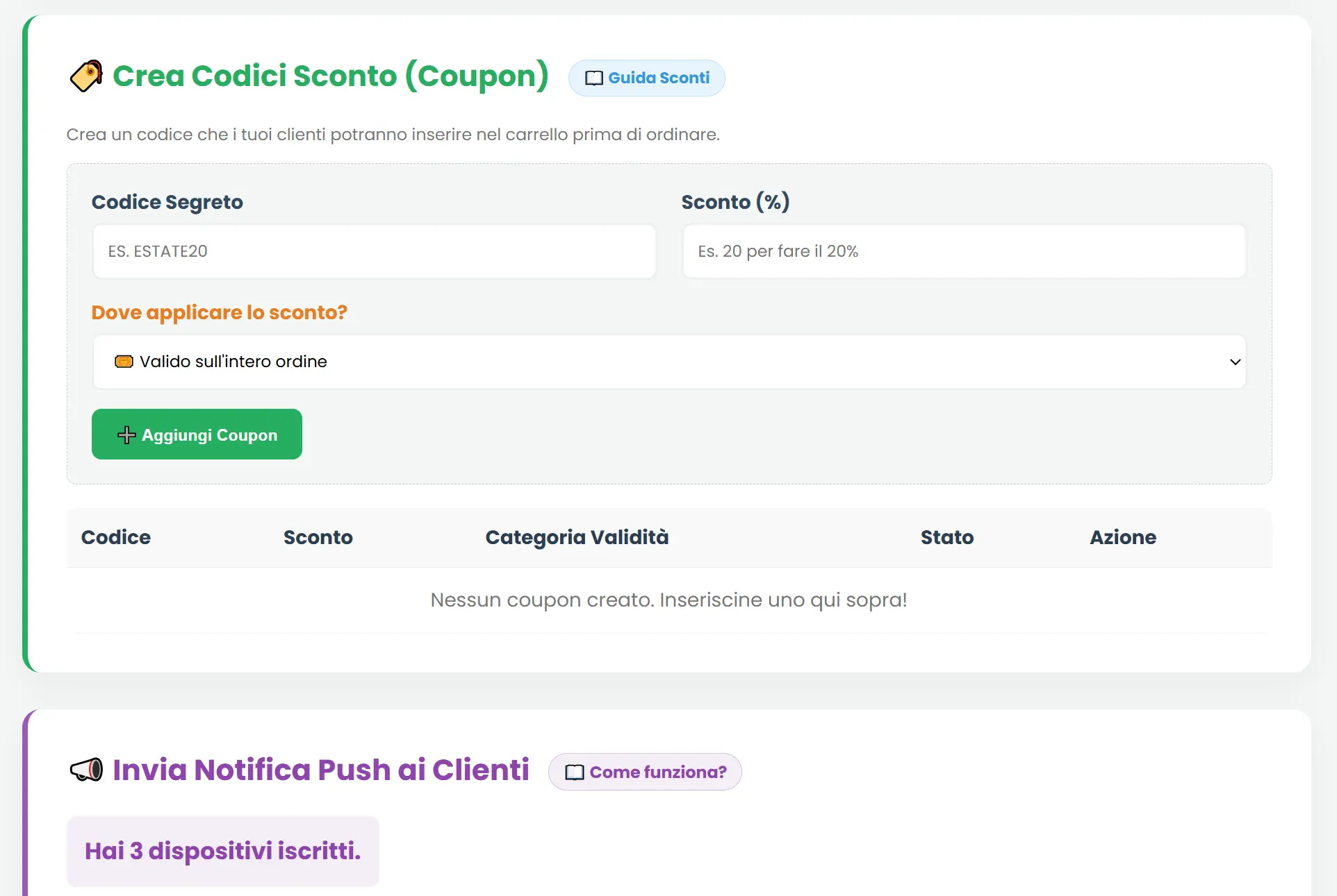 Gestione vetrina promozioni. Sconti, notifiche push e codice sconti