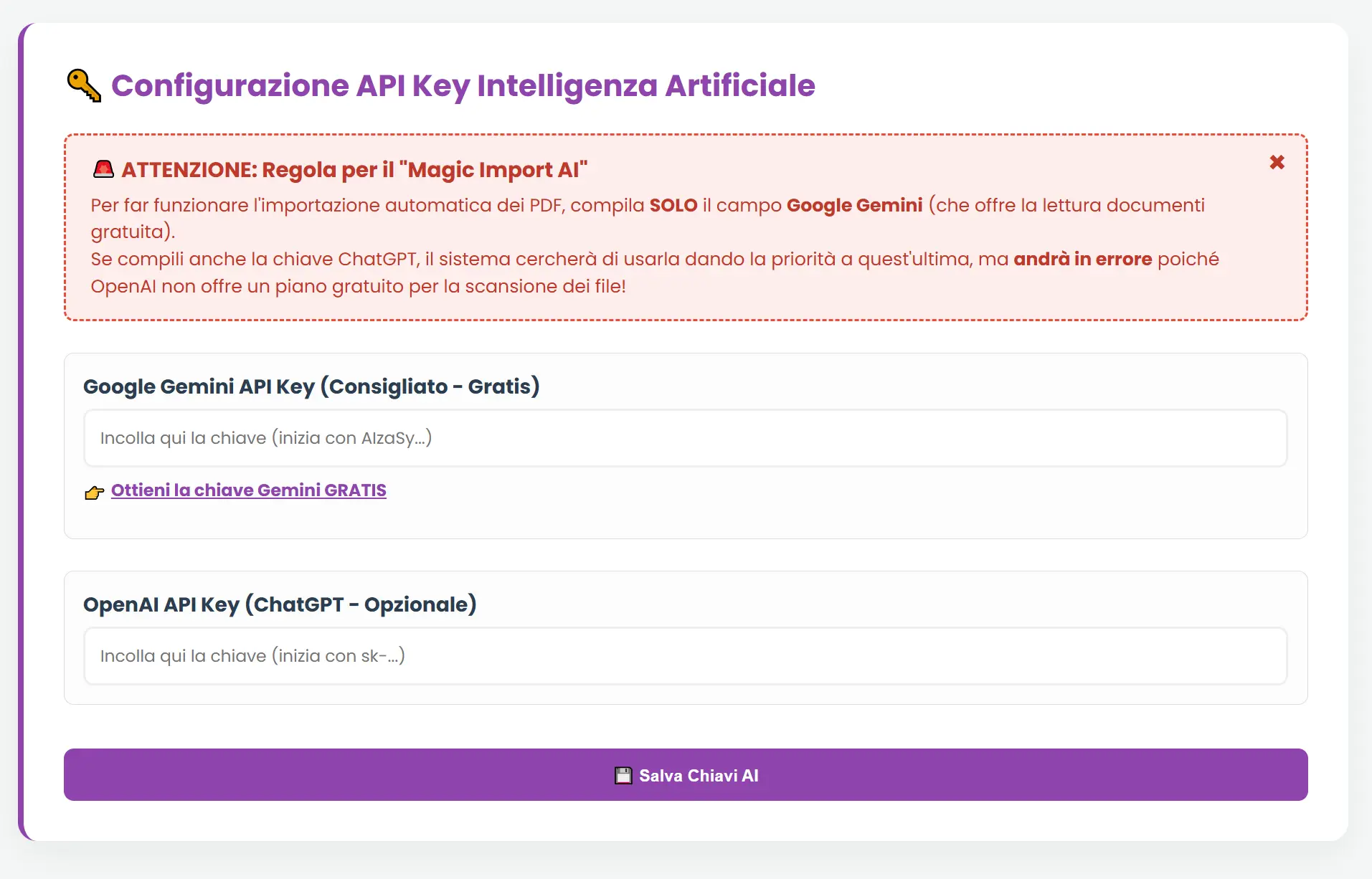 Schermata Intelligenza Artificiale Import Menu PDF