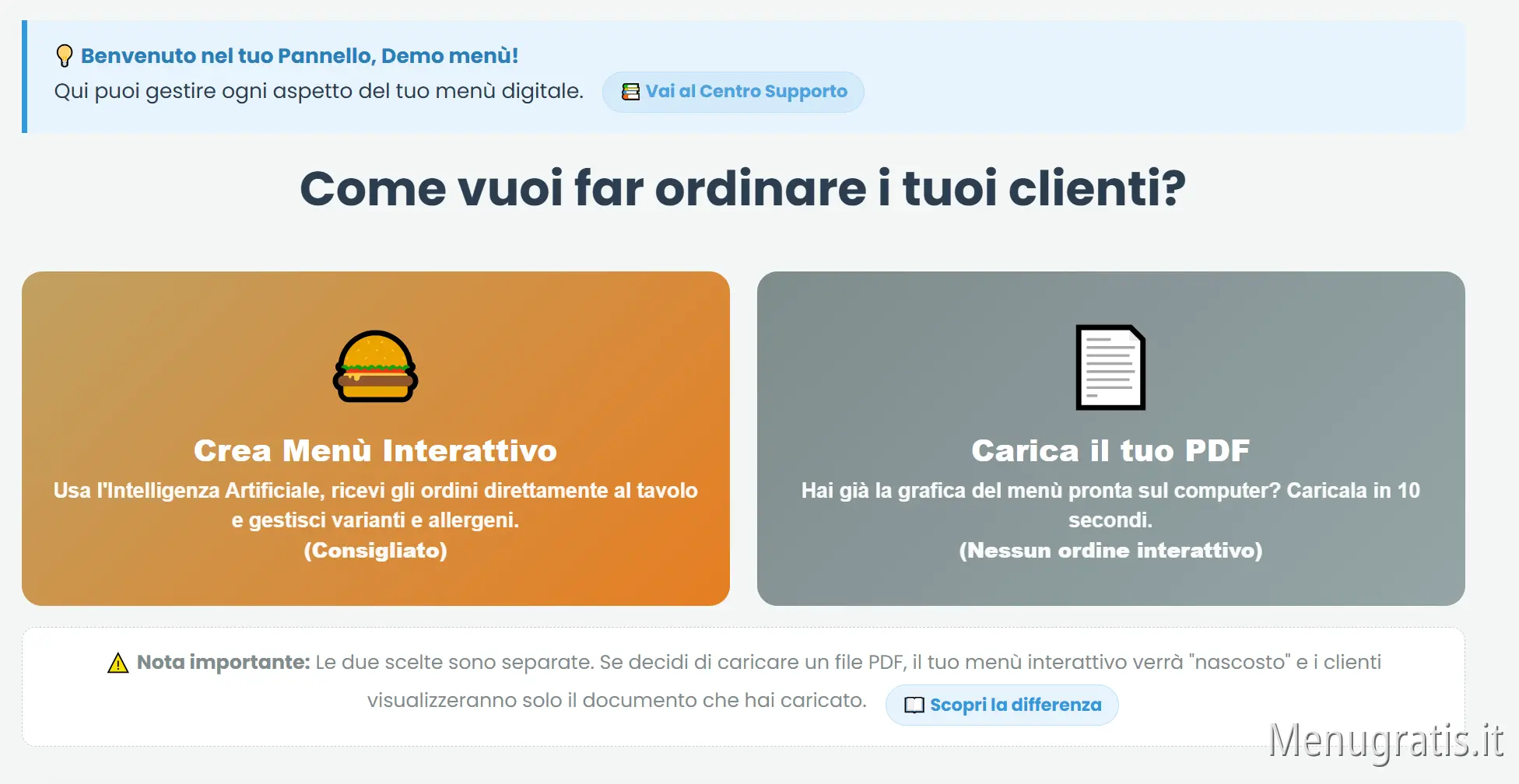 Schermata scelta tipo menu