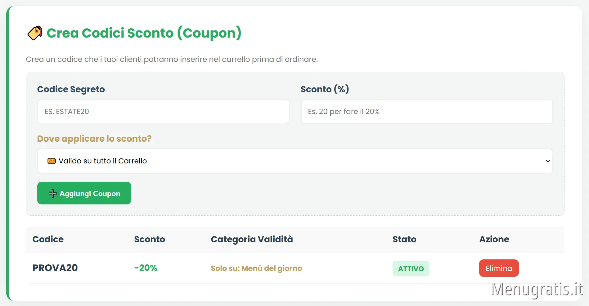Schermata Gestione Sconti, Coupon e Fidelity Card