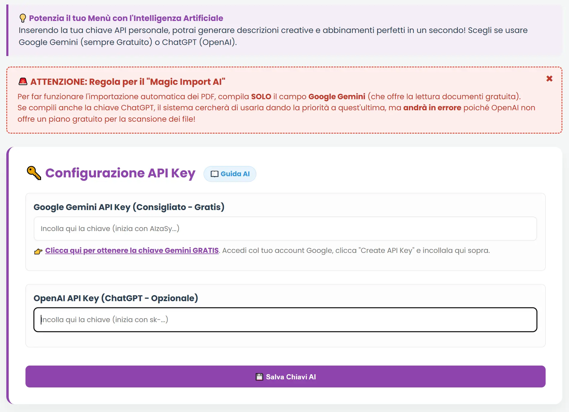 Gestione Ristorazione Inserisci API Key Google