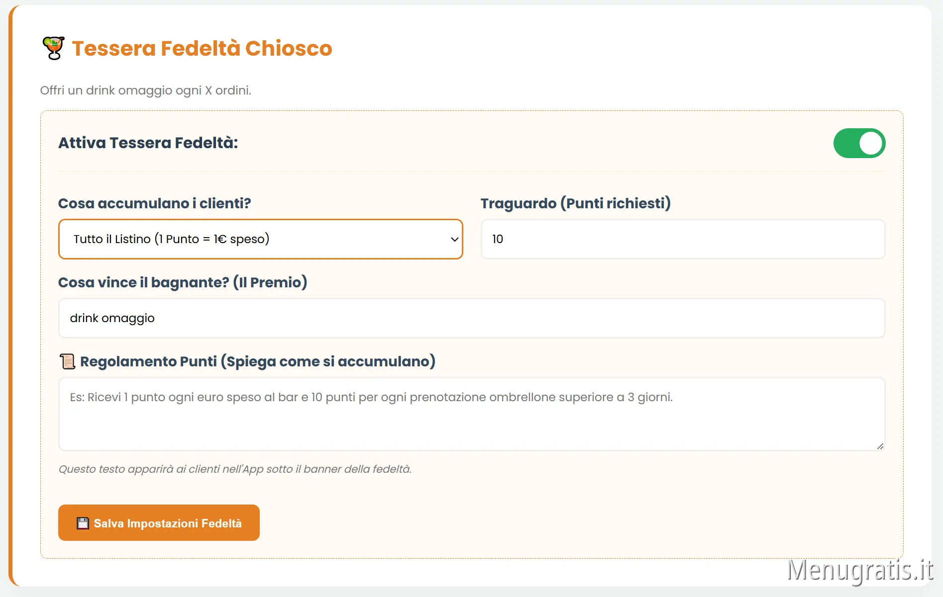 Schermata Impostazioni Tessera Fedeltà