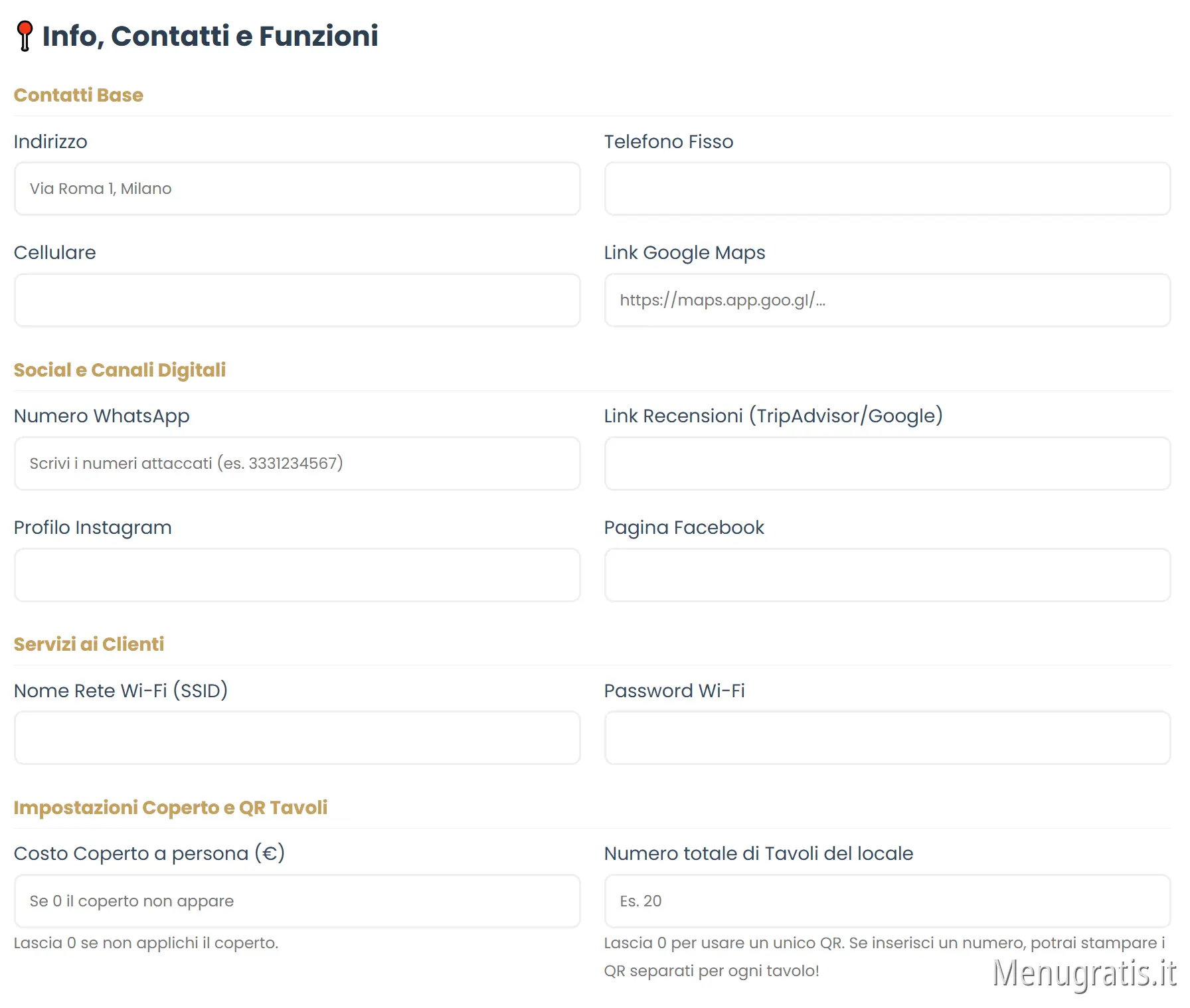 Info, Contatti e Impostazioni Tavoli
