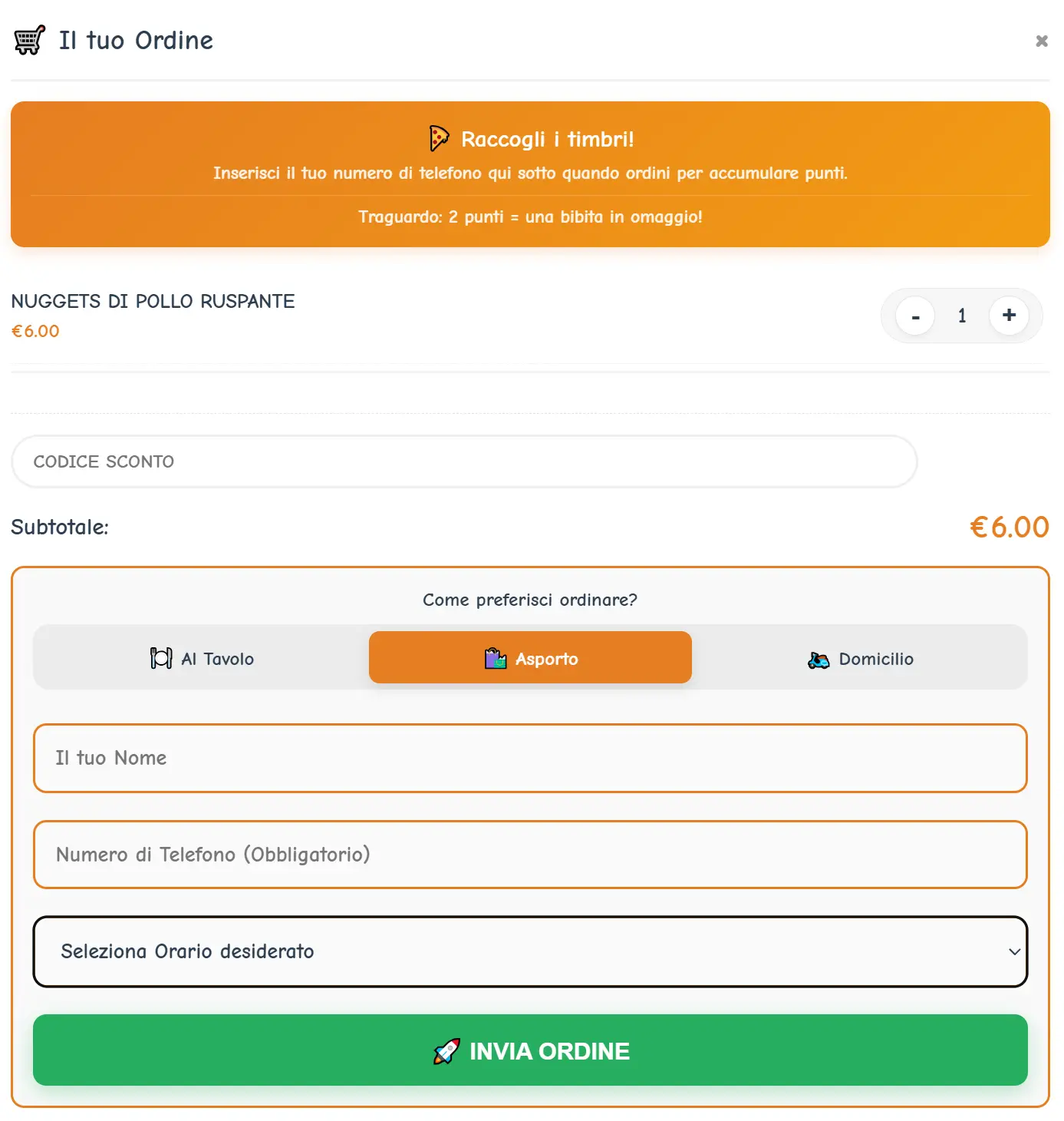 Gestione asporto hamburger e panini a fasce orarie