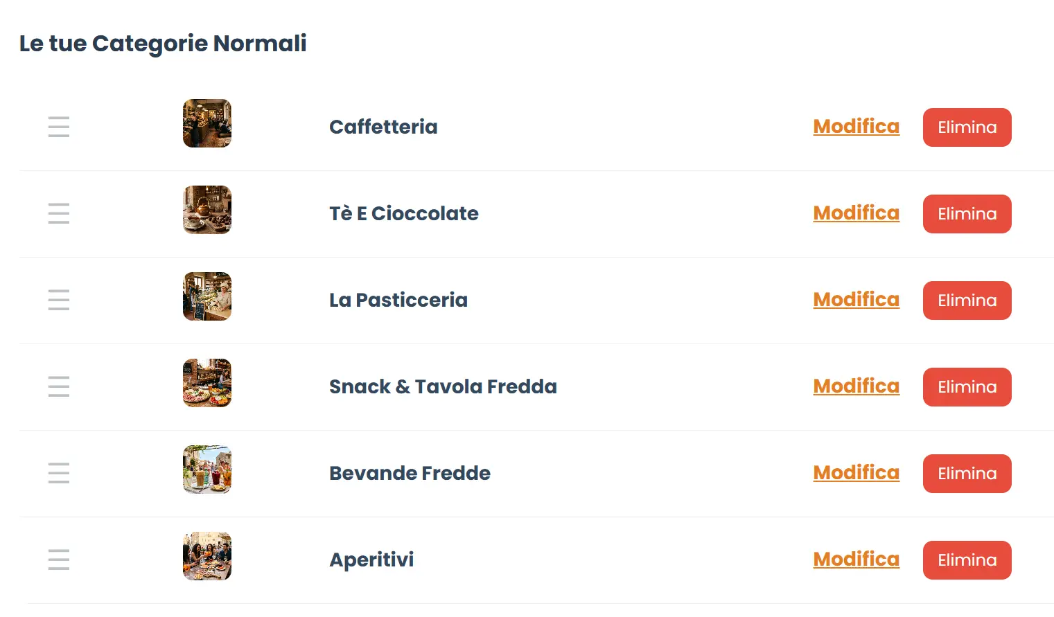Gestione categorie colazione e aperitivo nel menù digitale bar