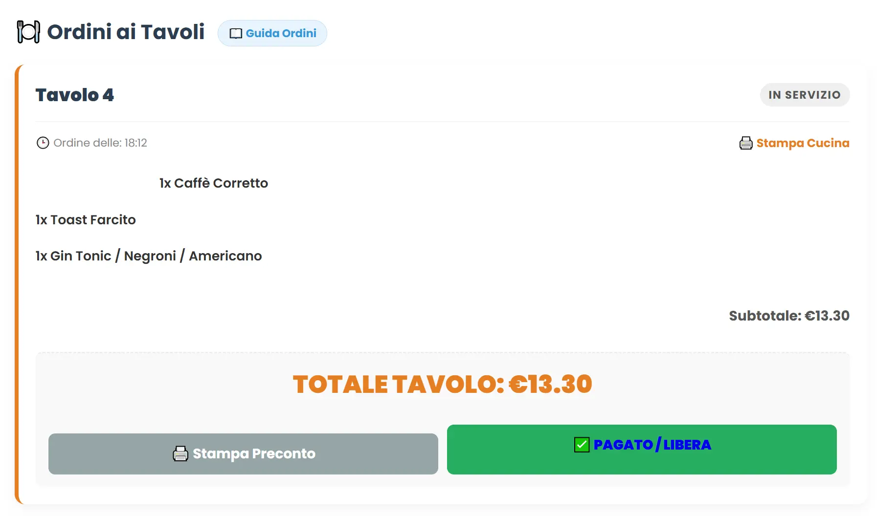 Ricezione ordini direttamente dal tavolo del bar per evitare code