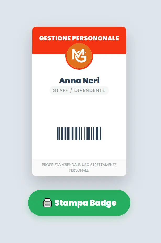 Generazione badge dipendenti con codice a barre e report ore mensile excel