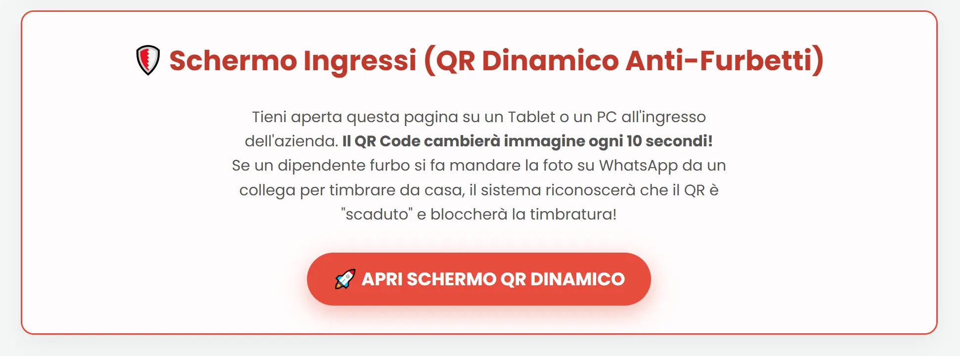 Schermo tablet con QR code dinamico per timbrature presenze aziendali